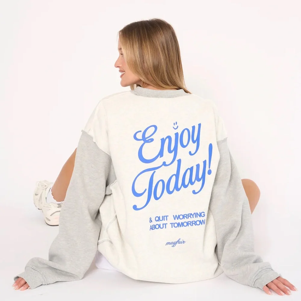 Mayfair 'Enjoy Today' Cream & Gray Graphic Sweatshirt - Picture 1 of 7
